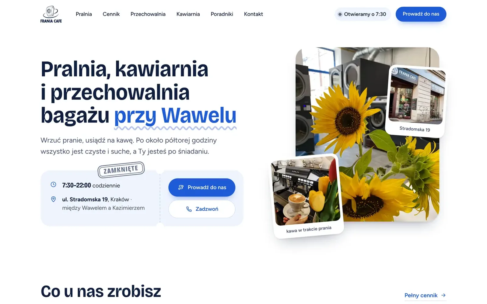 Nowa strona Frania Cafe ze zdjęciami pralni, kawiarni i wejścia od Stradomskiej