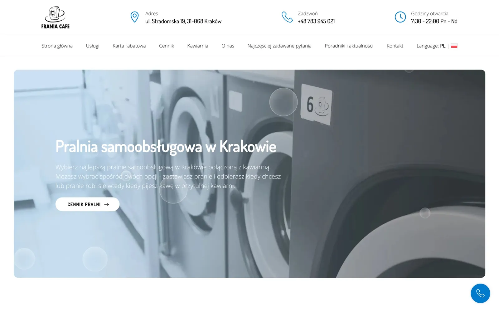 Poprzednia strona Frania Cafe: szary slider z pralkami i nagłówkiem Pralnia samoobsługowa w Krakowie